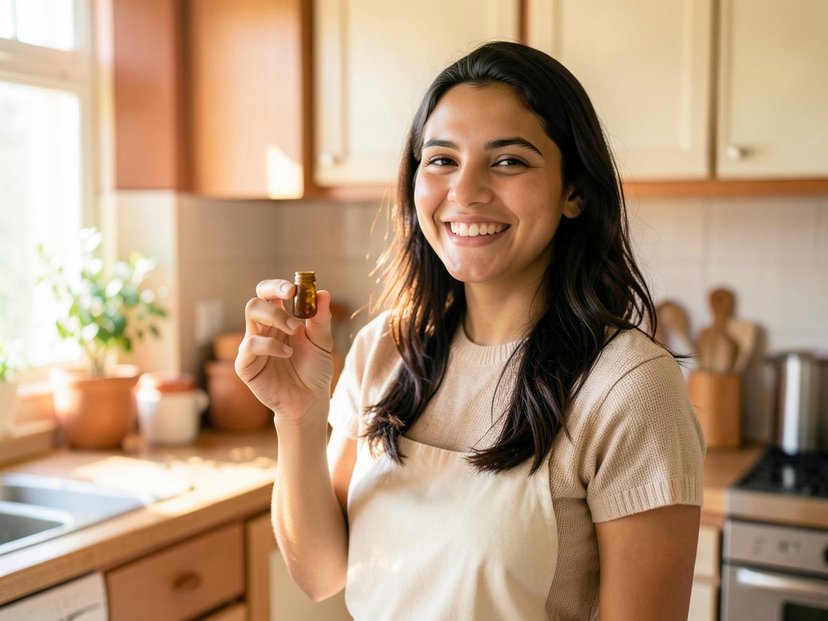 Mulher sorrindo na cozinha segurando uma goma MKT